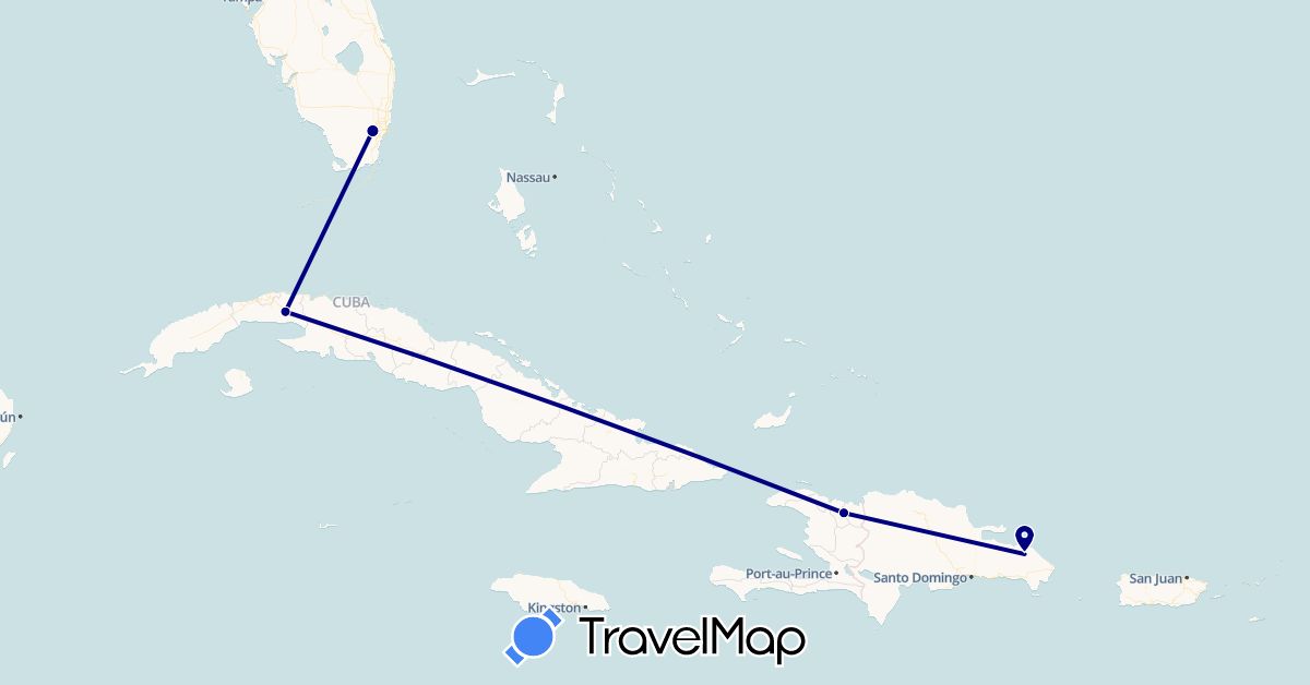TravelMap itinerary: driving in Cuba, Dominican Republic, Haiti, United States (North America)